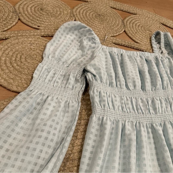Gingham Puff Long Sleeve Square Neck smocked Midi Dress sky Blue Womens Large - Picture 3 of 4